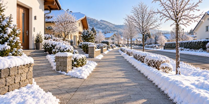 Vom Schnee freigeräumte Gehwege vor den Häusern eines verschneiten Wohnviertels